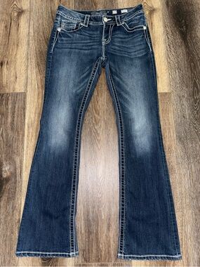Miss Me Mid Rise Bootcut Dark Wash Distressed Jeans Size 27